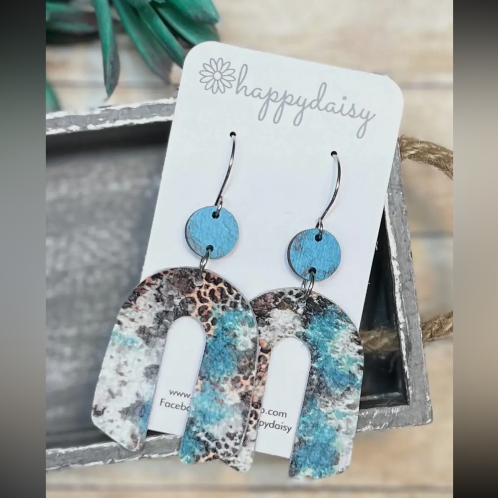 Leopard Print Turquoise Blue Leather Arch Earrings